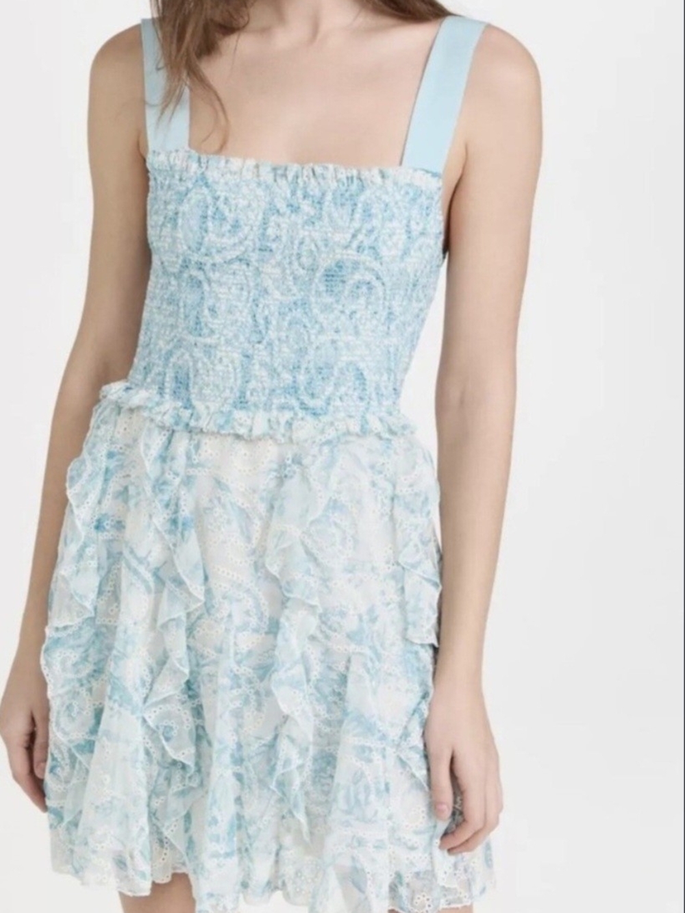 Alice + Olivia Powder Blue Smocked Floral Eyelet Mini Dress